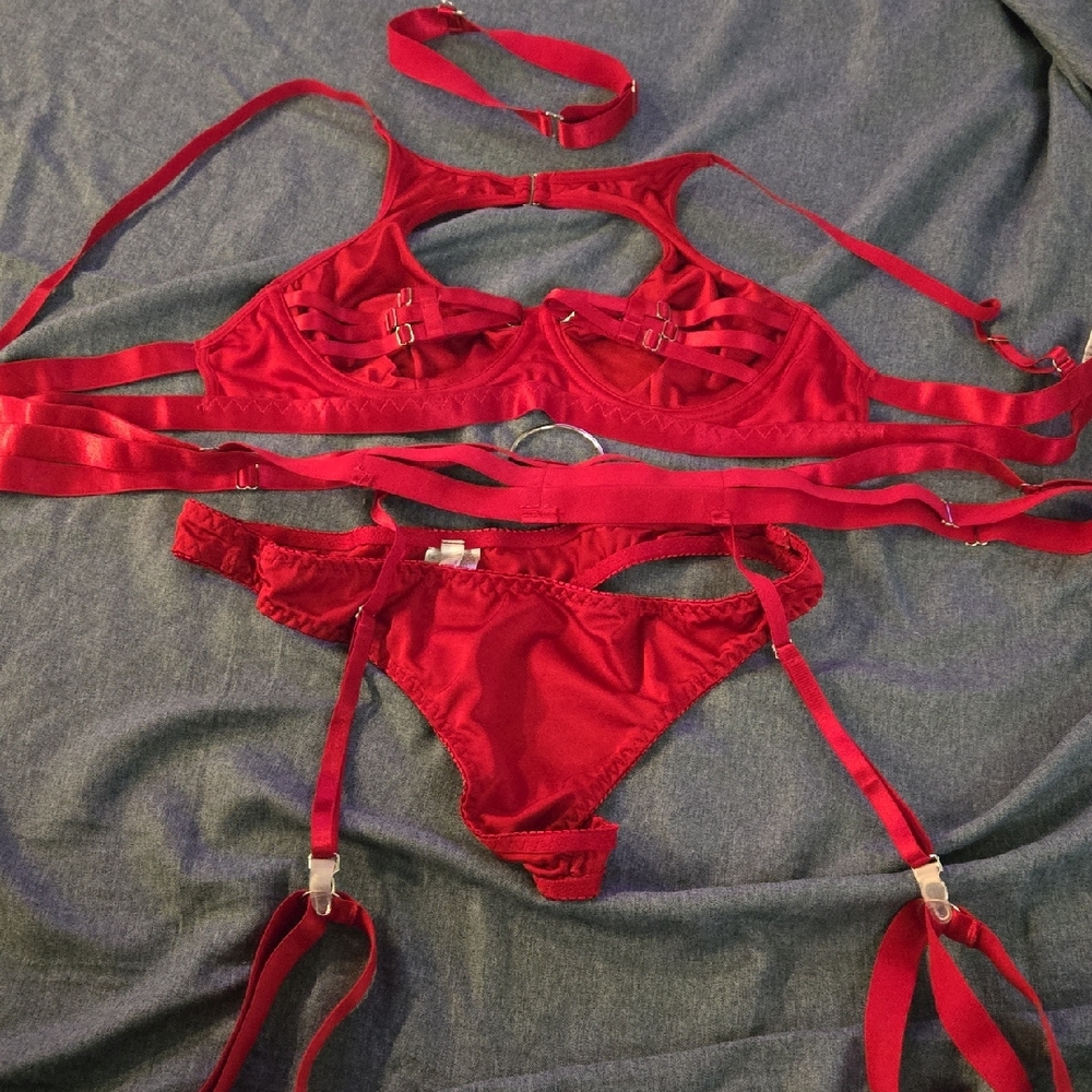 Chic Red Strappy Bra Set